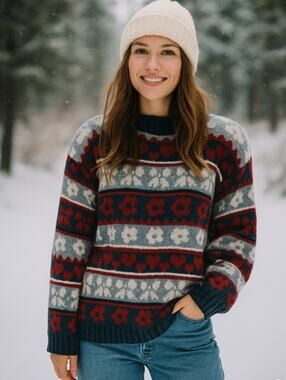 Vintage Huntington Ridge Heart Floral Fair Isle Sweater L Red Blue Cozy Knit